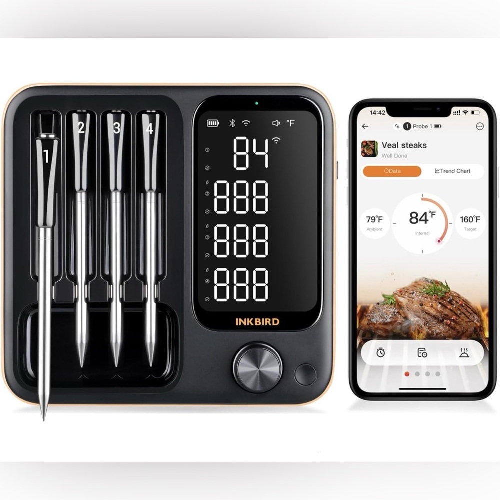 New Wireless Meat Thermometer with 4 Probes/Black